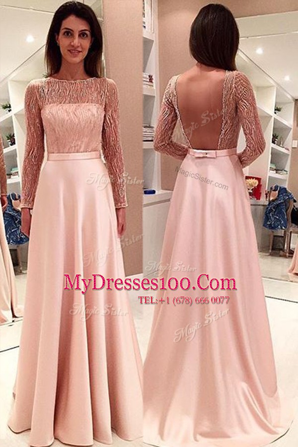 Bateau Long Sleeves Prom Party Dress With Train Sweep Train Beading Pink Satin