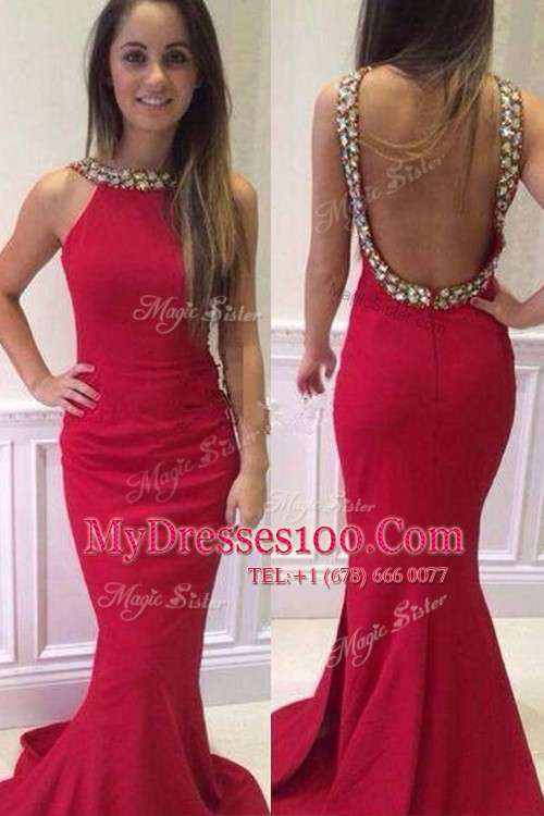 Mermaid Scoop Beading Prom Dress Hot Pink Backless Sleeveless With Brush Train