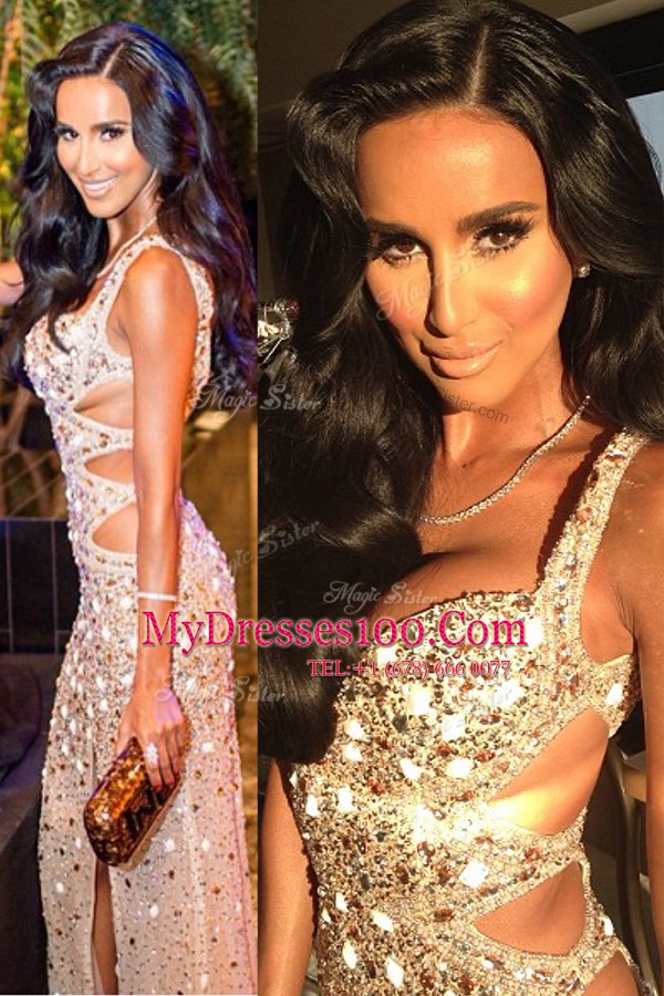 Scoop Sequined Sleeveless Floor Length Prom Evening Gown and Beading and Sequins