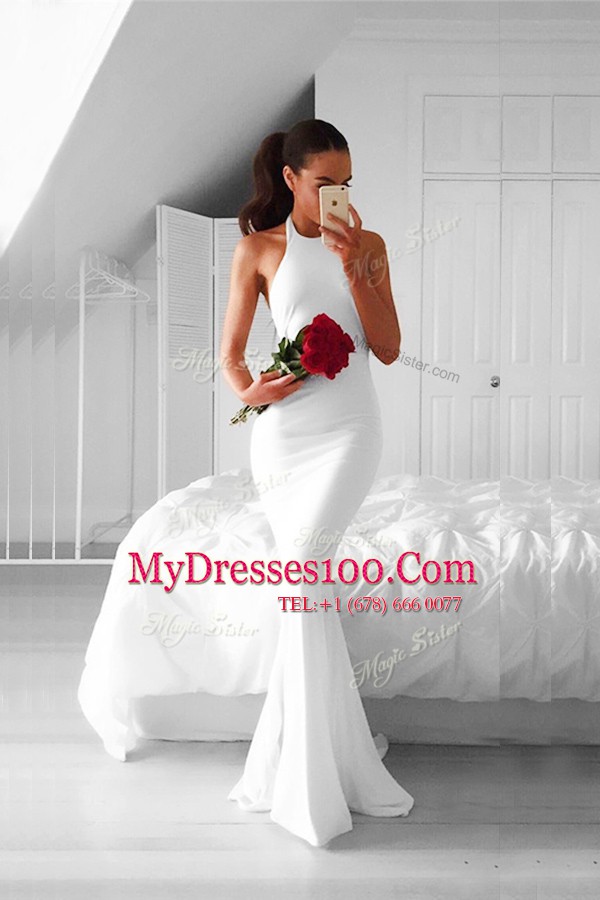 Artistic White Mermaid Chiffon Halter Top Sleeveless Ruching Backless Prom Evening Gown Sweep Train