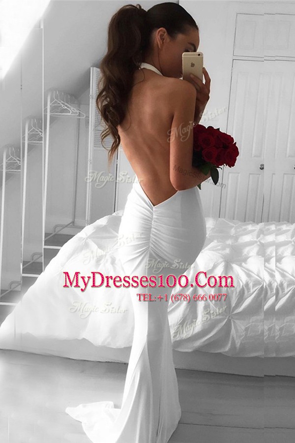 Artistic White Mermaid Chiffon Halter Top Sleeveless Ruching Backless Prom Evening Gown Sweep Train