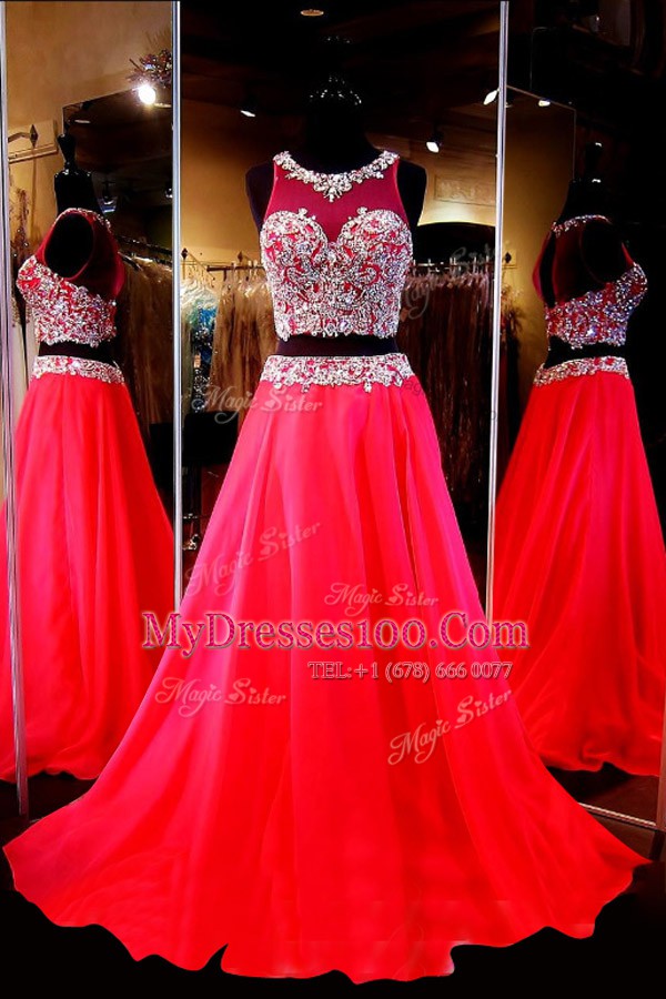 Glamorous Scoop Sleeveless Evening Dress With Train Sweep Train Beading Red Chiffon