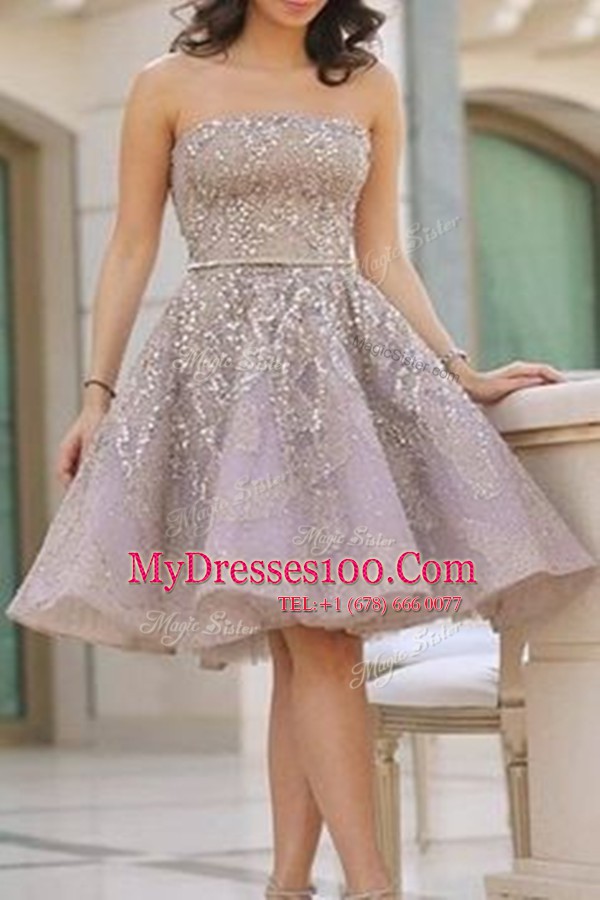 Exquisite Belt Party Dress for Girls Grey Backless Sleeveless Knee Length