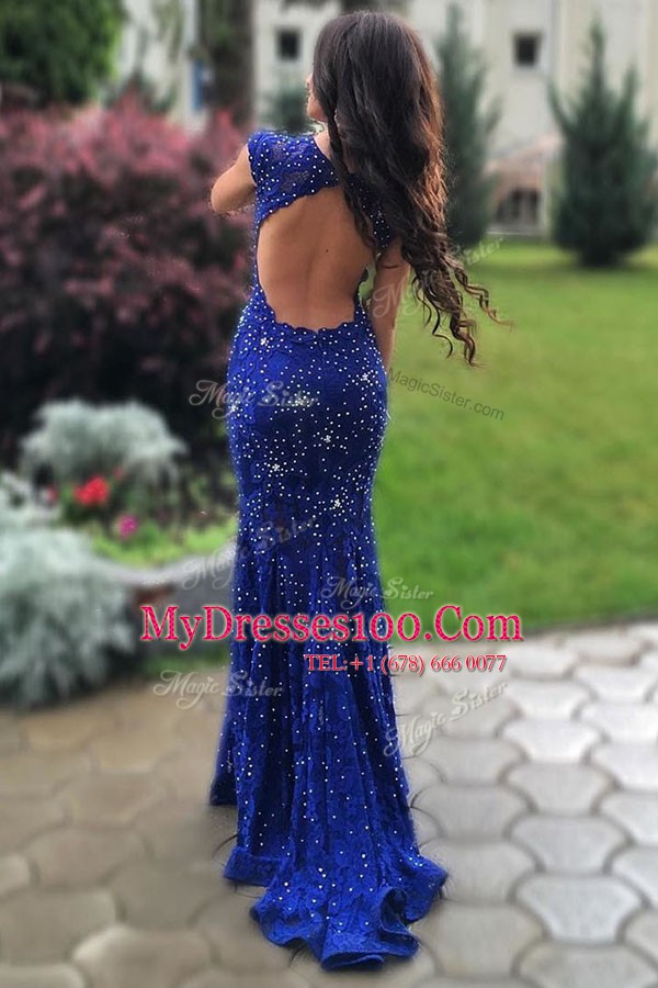 Superior Sweep Train Mermaid Prom Dress Royal Blue Scoop Lace Sleeveless With Train Backless