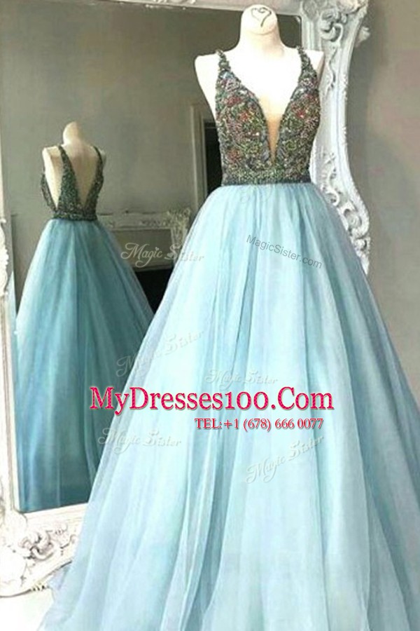 Light Blue Chiffon Backless V-neck Sleeveless Floor Length Dress for Prom Beading