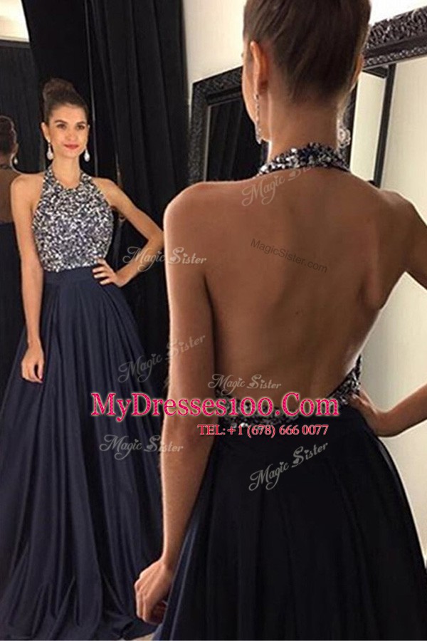 Affordable Halter Top Black Satin Backless Sleeveless With Train Sweep Train Beading
