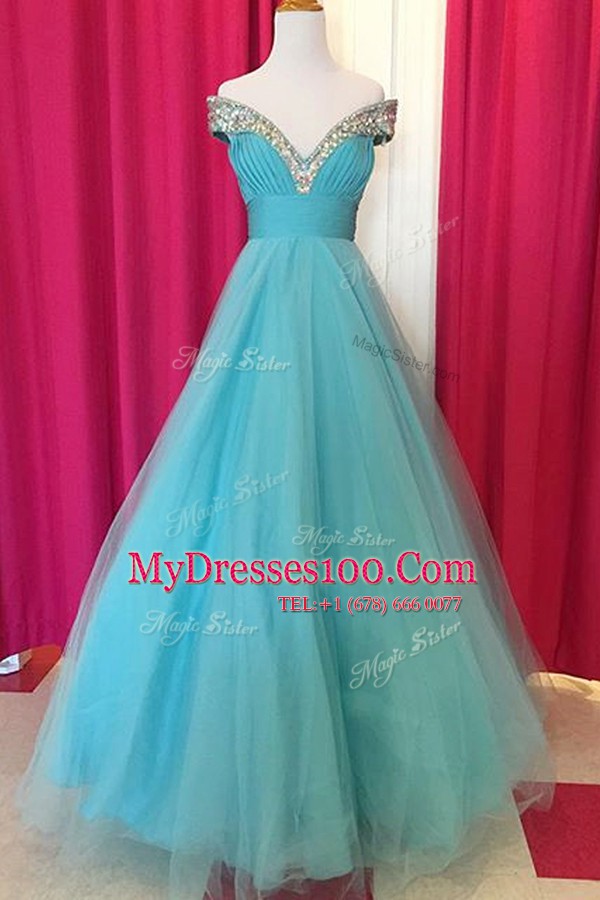 Wonderful Blue A-line Tulle Off The Shoulder Sleeveless Beading Floor Length Backless Prom Dresses