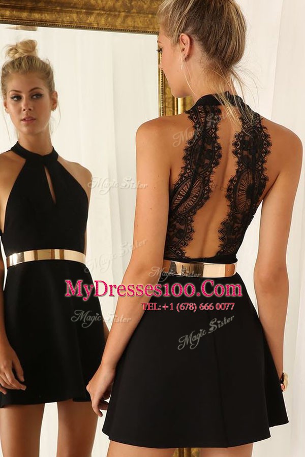 Beauteous A-line Prom Party Dress Black Halter Top Satin Sleeveless Mini Length Backless