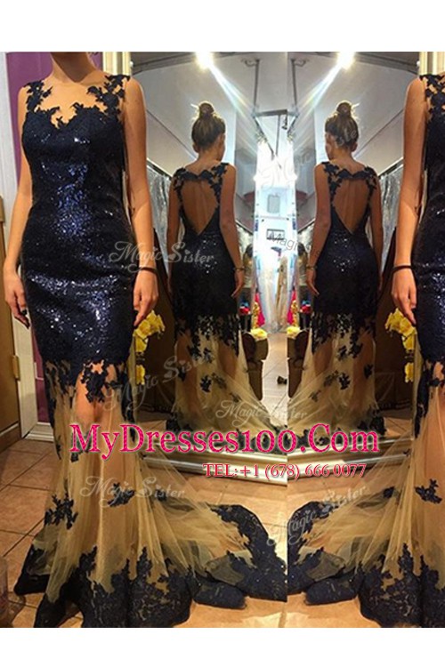 Custom Made Scalloped Sleeveless Brush Train Backless With Train Sequins Evening Dress