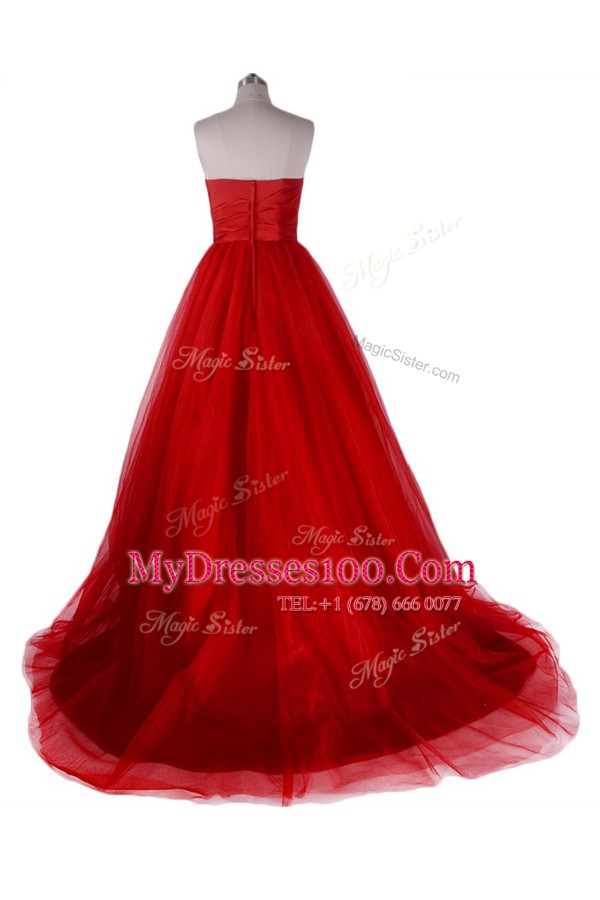 Best Selling Sleeveless Sweep Train Zipper With Train Ruching Prom Gown