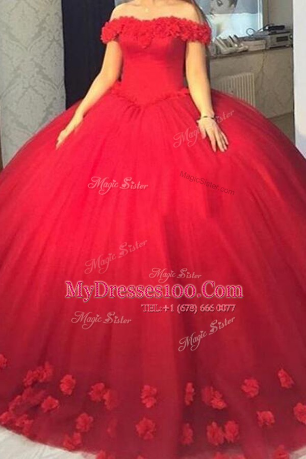 Extravagant Red Military Ball Gown Off The Shoulder Short Sleeves Lace Up
