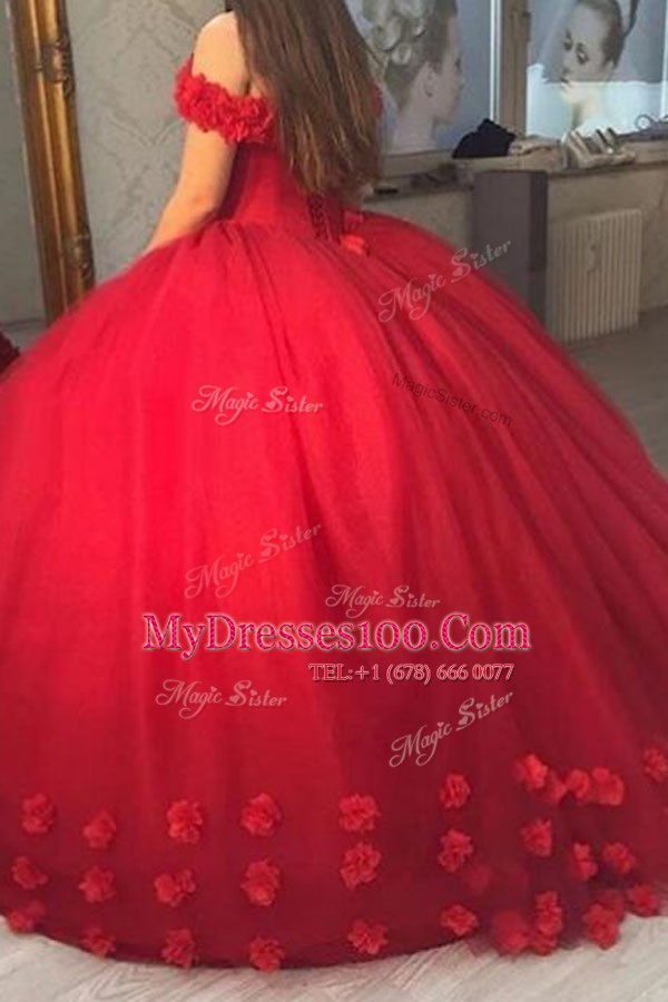 Extravagant Red Military Ball Gown Off The Shoulder Short Sleeves Lace Up