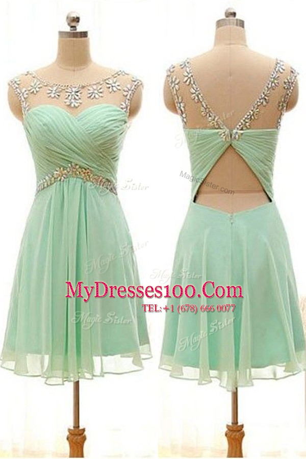Apple Green Chiffon Zipper Party Dress for Toddlers Sleeveless Knee Length Beading