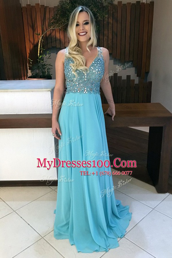 Baby Blue Dress for Prom Prom and Party and For with Beading V-neck Sleeveless Sweep Train Backless