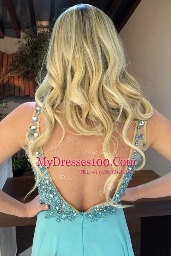Baby Blue Dress for Prom Prom and Party and For with Beading V-neck Sleeveless Sweep Train Backless