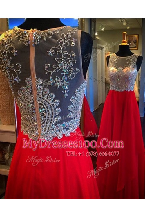 Scoop Floor Length Red Prom Dress Chiffon Sleeveless Beading