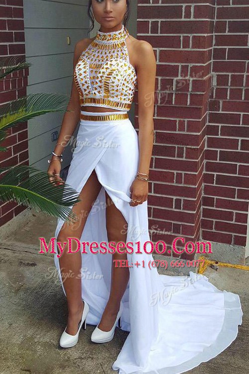 High-neck Sleeveless Sweep Train Zipper Prom Gown White Elastic Woven Satin