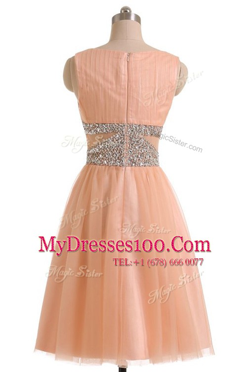 High Class Scoop Sleeveless Prom Gown Knee Length Beading Peach Tulle