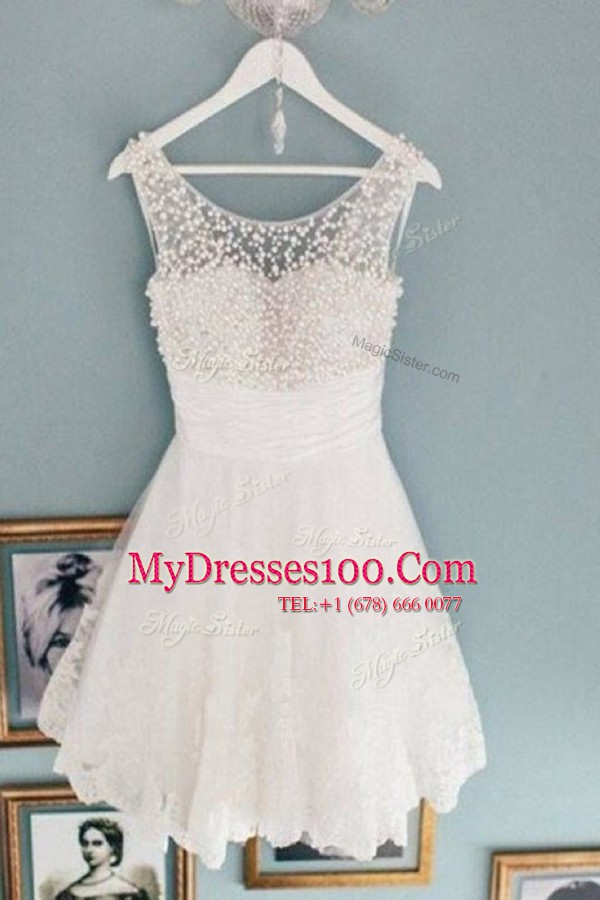 Customized White A-line Scoop Sleeveless Lace Knee Length Zipper Beading Prom Dress