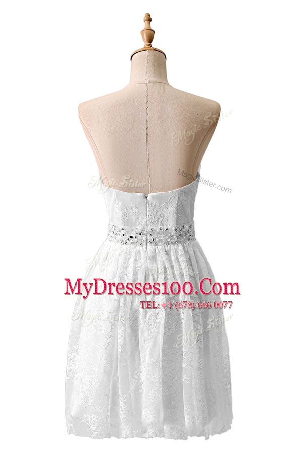 Luxurious White A-line Lace Sweetheart Sleeveless Beading Knee Length Zipper Prom Gown