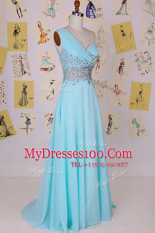Flare With Train Aqua Blue One Shoulder Sleeveless Brush Train Side Zipper