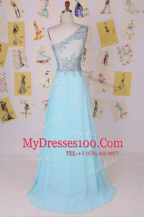 Flare With Train Aqua Blue One Shoulder Sleeveless Brush Train Side Zipper
