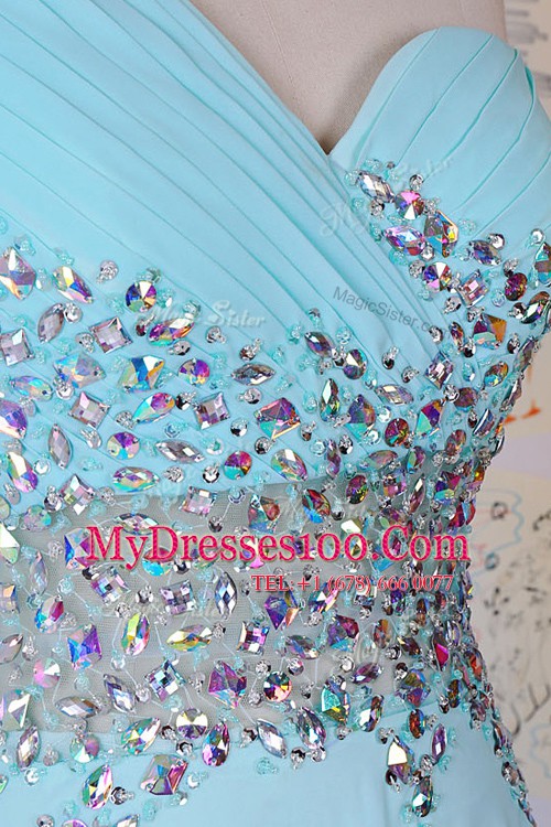 Flare With Train Aqua Blue One Shoulder Sleeveless Brush Train Side Zipper