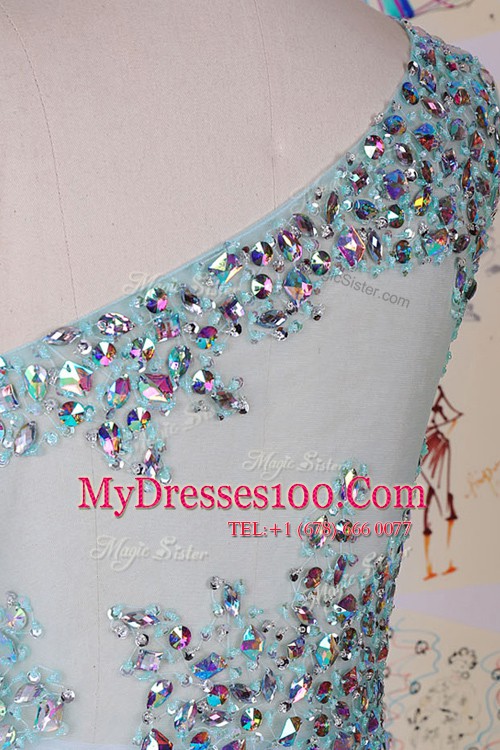Flare With Train Aqua Blue One Shoulder Sleeveless Brush Train Side Zipper
