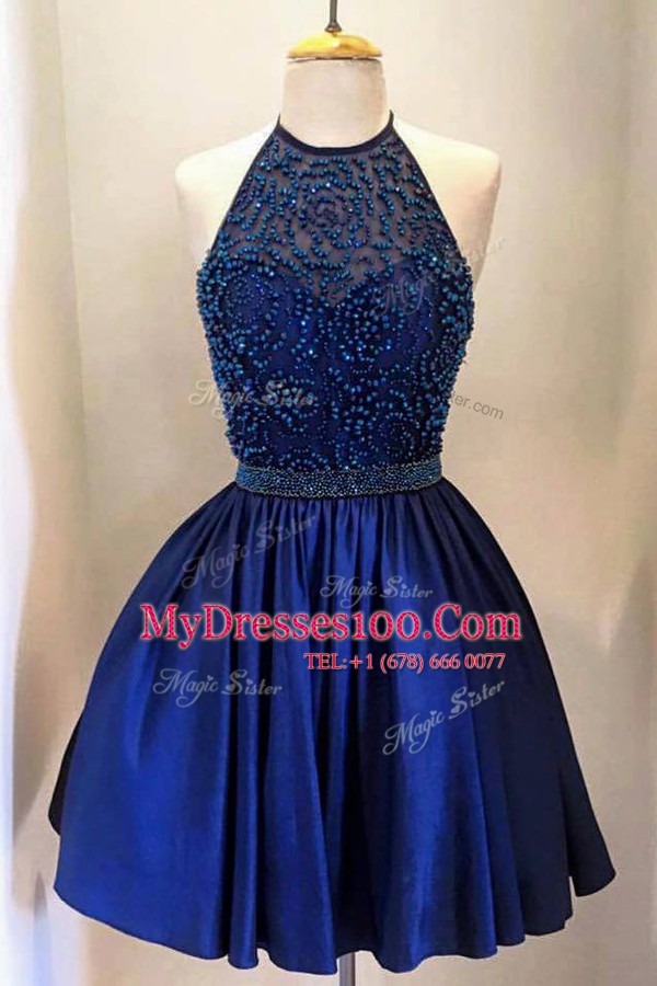 Royal Blue Satin Backless High-neck Sleeveless Knee Length Evening Gowns Beading