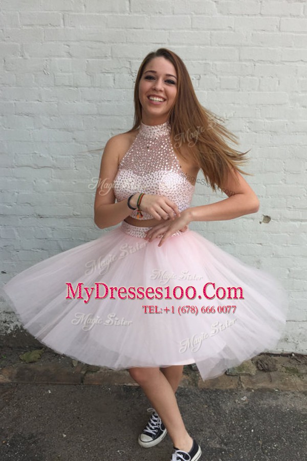 Custom Made Sleeveless Criss Cross Knee Length Beading Evening Dress