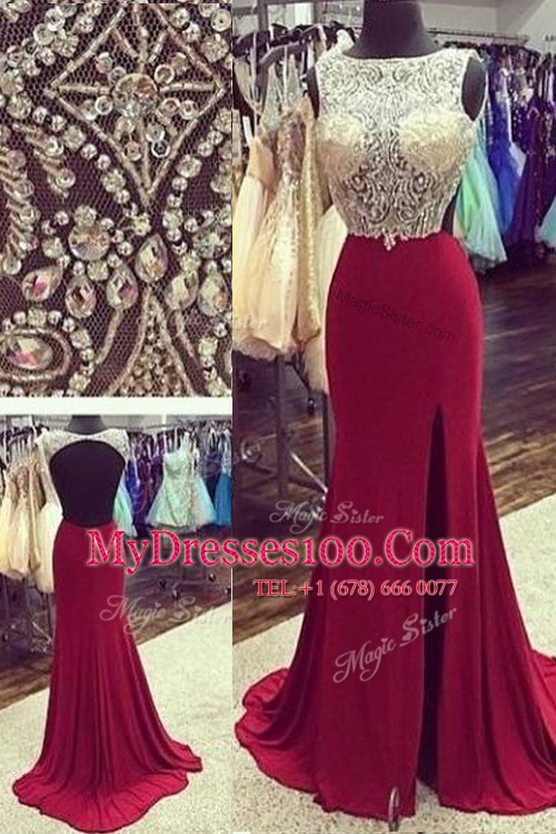 Gorgeous Burgundy Backless Prom Dresses Beading Sleeveless Brush Train