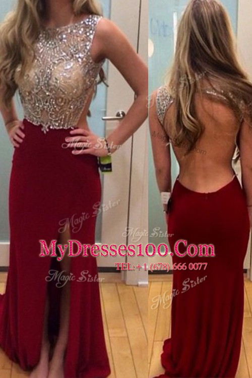 Gorgeous Burgundy Backless Prom Dresses Beading Sleeveless Brush Train