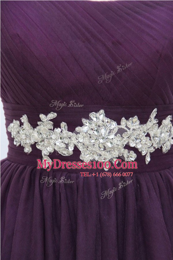 Dynamic One Shoulder Sleeveless Cocktail Dress Knee Length Beading Purple Tulle