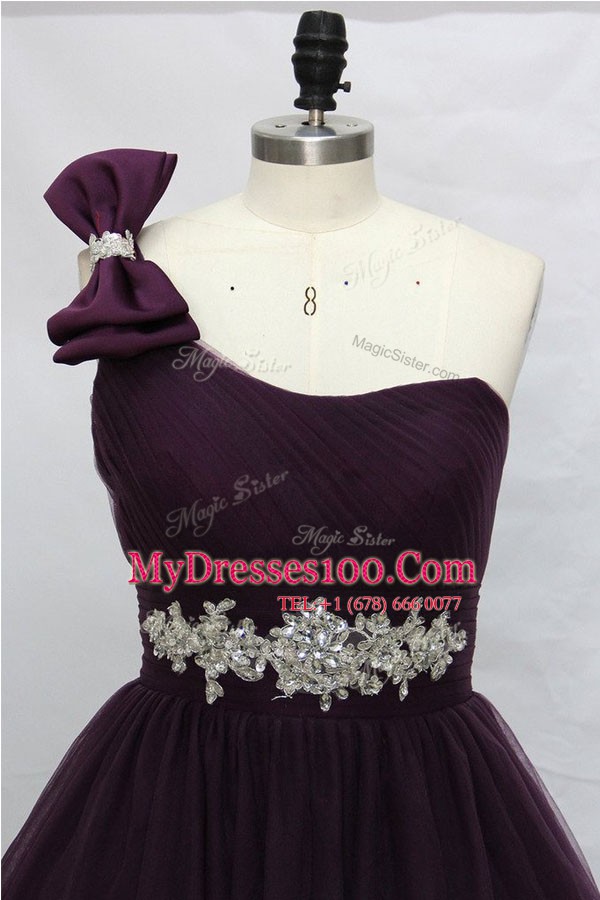 Dynamic One Shoulder Sleeveless Cocktail Dress Knee Length Beading Purple Tulle