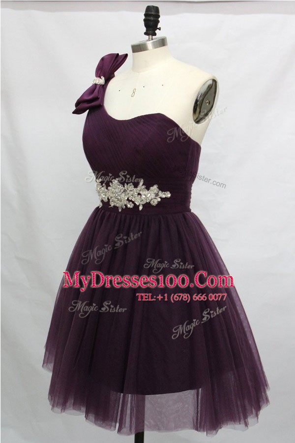 Dynamic One Shoulder Sleeveless Cocktail Dress Knee Length Beading Purple Tulle
