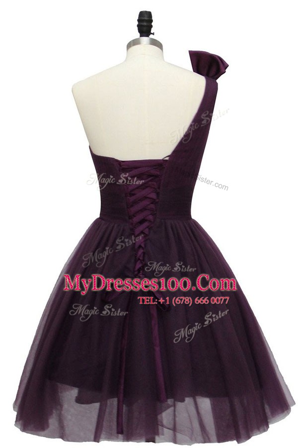 Dynamic One Shoulder Sleeveless Cocktail Dress Knee Length Beading Purple Tulle