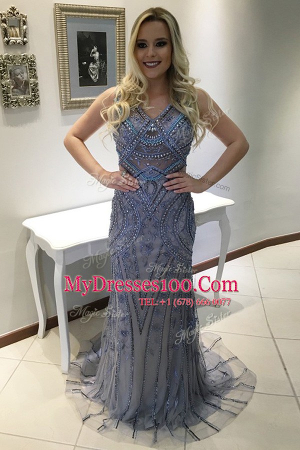 Latest Blue Mermaid Tulle V-neck Sleeveless Beading and Appliques With Train Backless Prom Evening Gown Sweep Train