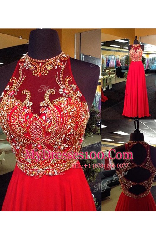 High-neck Sleeveless Prom Evening Gown Floor Length Beading and Appliques Red Chiffon