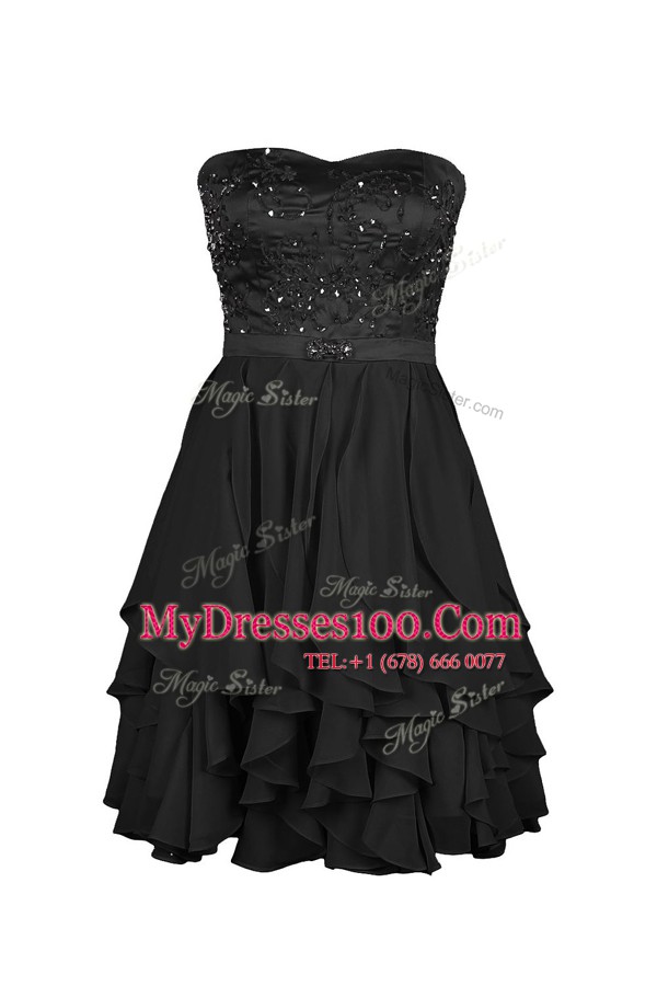 Edgy Black A-line Beading and Appliques Prom Dress Zipper Chiffon Sleeveless Knee Length