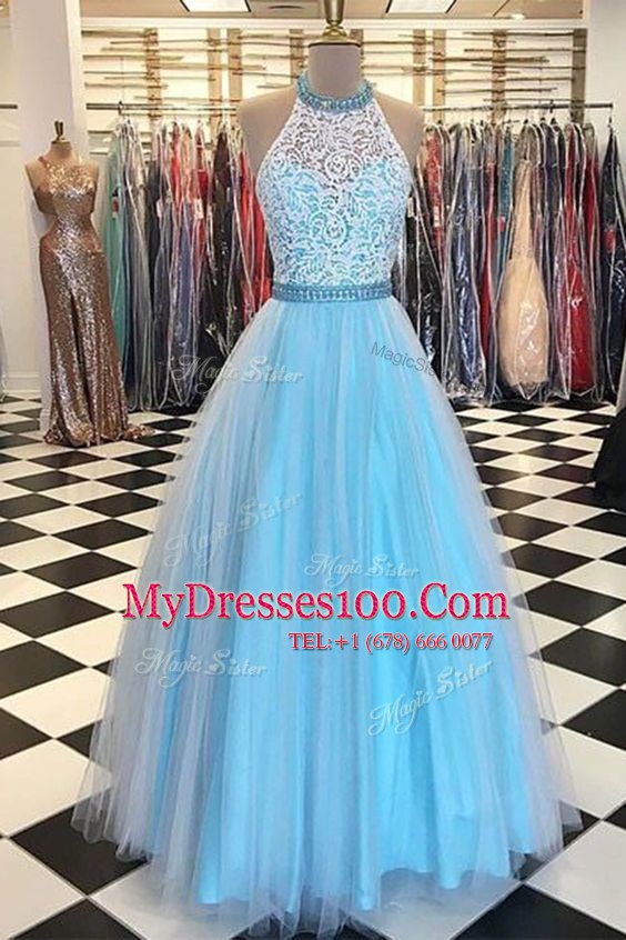 Halter Top Blue Sleeveless Beading and Appliques Floor Length Prom Evening Gown