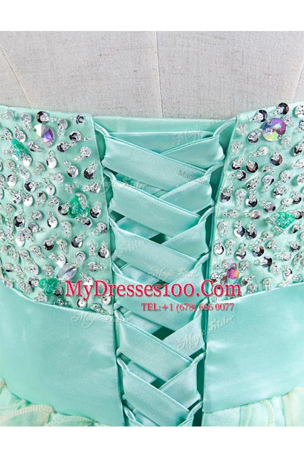 Sleeveless Knee Length Beading and Bowknot Lace Up Evening Dress with Green