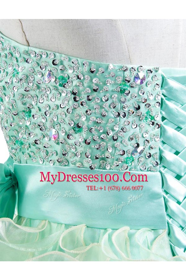 Sleeveless Knee Length Beading and Bowknot Lace Up Evening Dress with Green