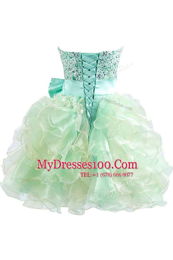 Sleeveless Knee Length Beading and Bowknot Lace Up Evening Dress with Green