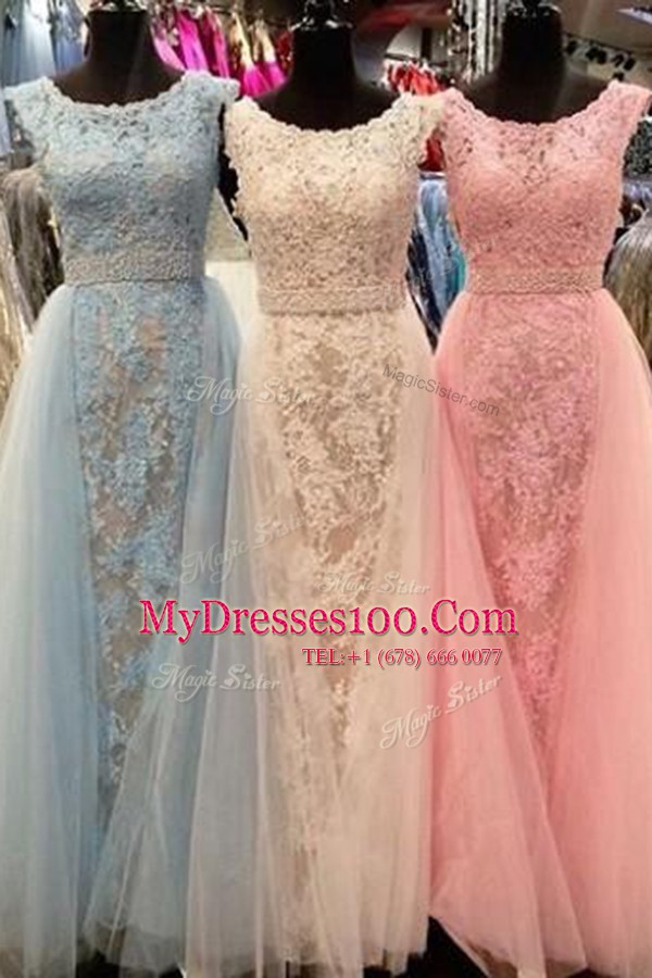 Scoop Beading and Lace Dress for Prom Light Blue Zipper Sleeveless With Train Sweep Train