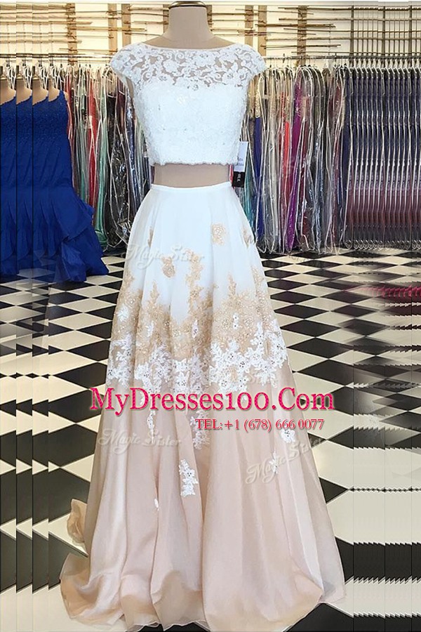 Eye-catching Champagne Chiffon Backless Going Out Dresses Cap Sleeves Floor Length Beading and Lace