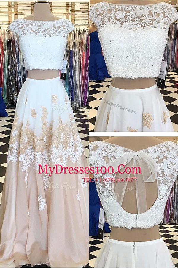 Eye-catching Champagne Chiffon Backless Going Out Dresses Cap Sleeves Floor Length Beading and Lace
