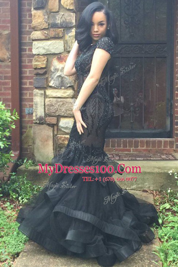 Mermaid Black Scoop Neckline Beading and Ruffles Evening Dress Cap Sleeves Zipper