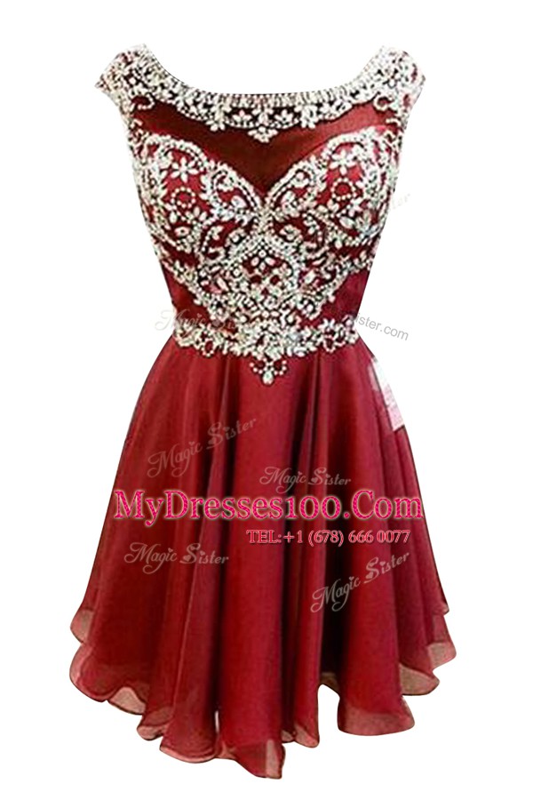Chiffon Bateau Cap Sleeves Zipper Beading and Sashes ribbons Prom Evening Gown in Burgundy