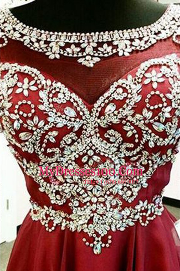 Chiffon Bateau Cap Sleeves Zipper Beading and Sashes ribbons Prom Evening Gown in Burgundy