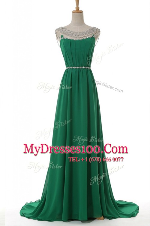 Scoop Belt Prom Evening Gown Green Side Zipper Sleeveless With Train Sweep Train